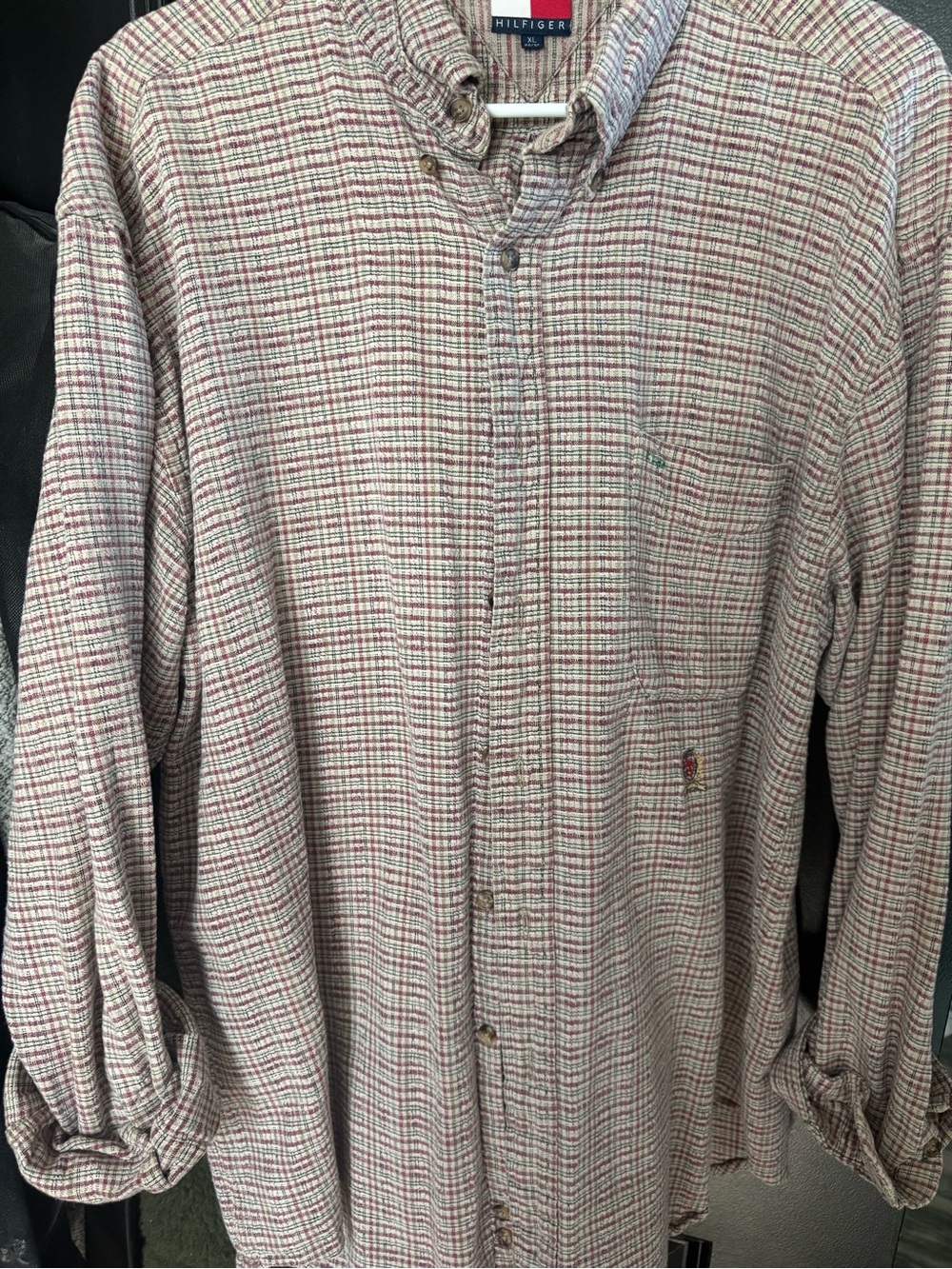 Tommy Hilfiger Men's Burgundy and White Plaid Button-Down Shirt